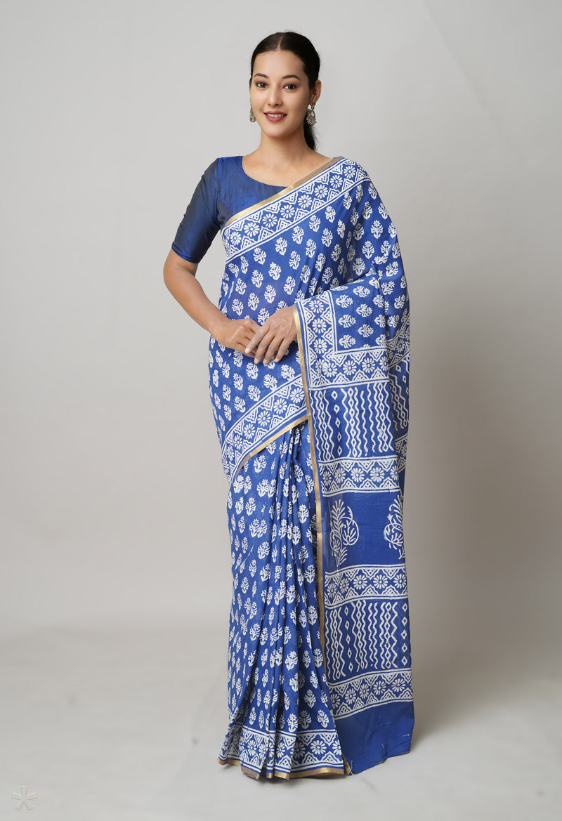 Blue Pure  Hand Block Printed Discharge Superfine Mulmul Cotton Saree-UNM73978
