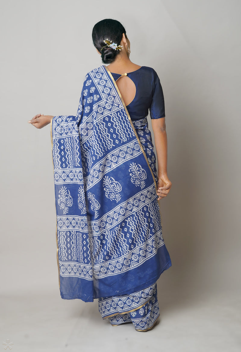 Blue Pure  Hand Block Printed Discharge Superfine Mulmul Cotton Saree-UNM73978