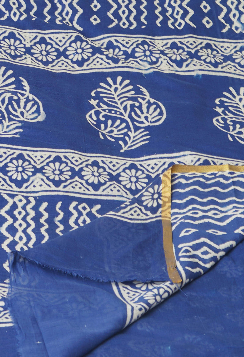 Blue Pure  Hand Block Printed Discharge Superfine Mulmul Cotton Saree-UNM73978