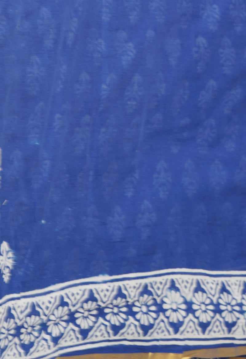 Blue Pure  Hand Block Printed Discharge Superfine Mulmul Cotton Saree-UNM73978