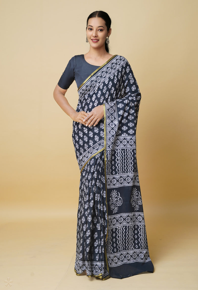 Black Pure  Hand Block Printed Discharge Superfine Mulmul Cotton Saree-UNM73979