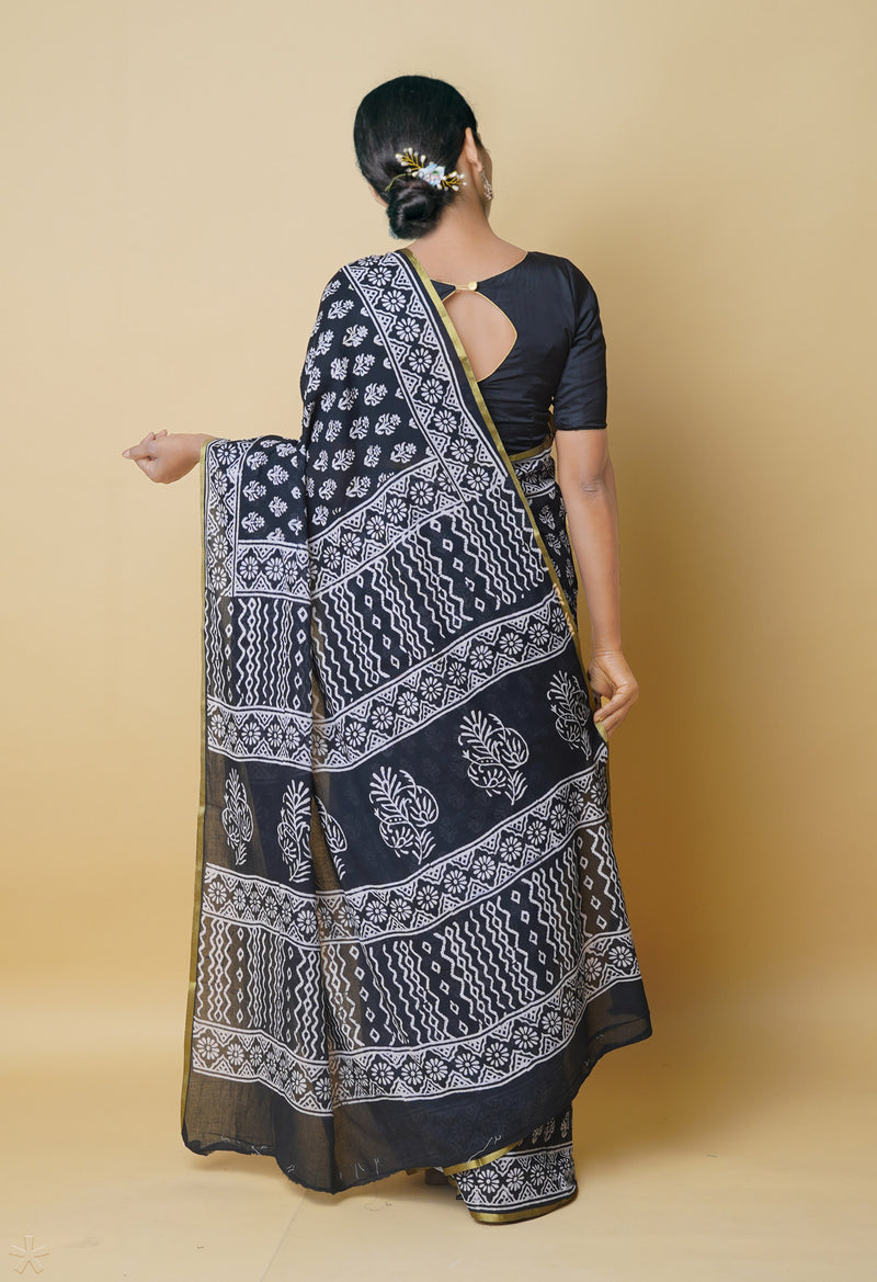 Black Pure  Hand Block Printed Discharge Superfine Mulmul Cotton Saree-UNM73979
