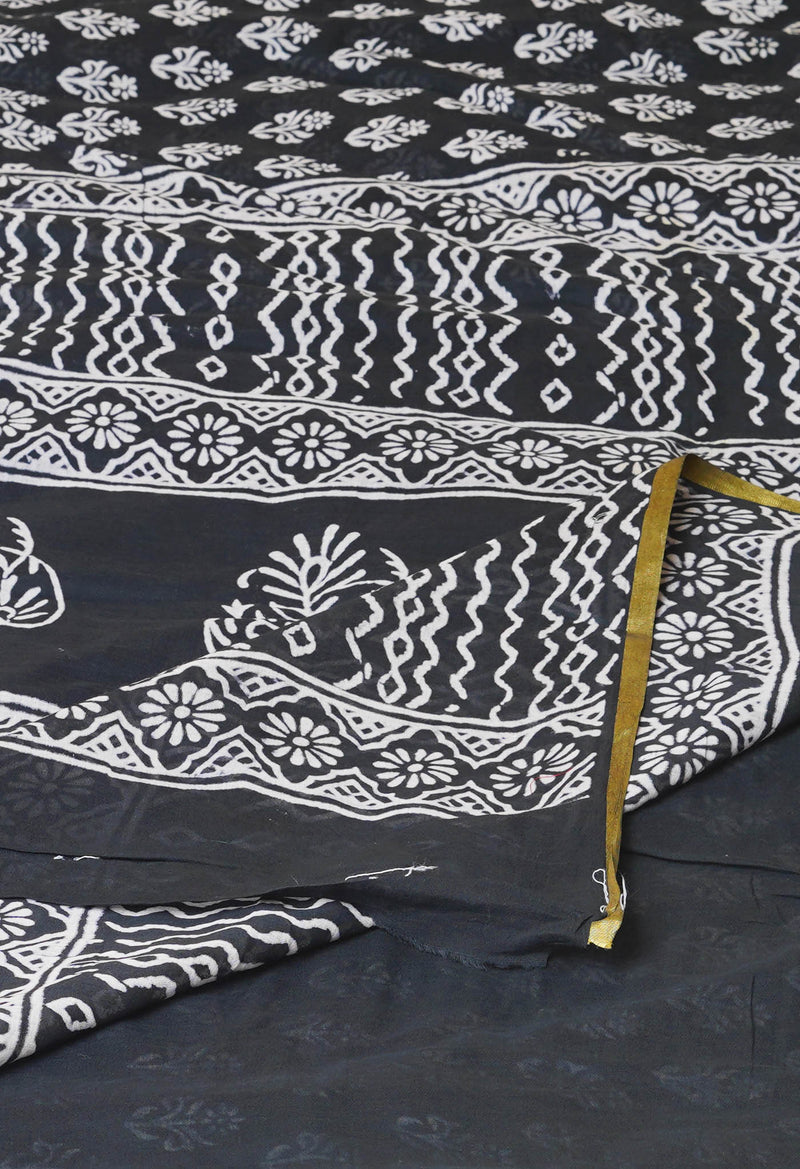 Black Pure  Hand Block Printed Discharge Superfine Mulmul Cotton Saree-UNM73979
