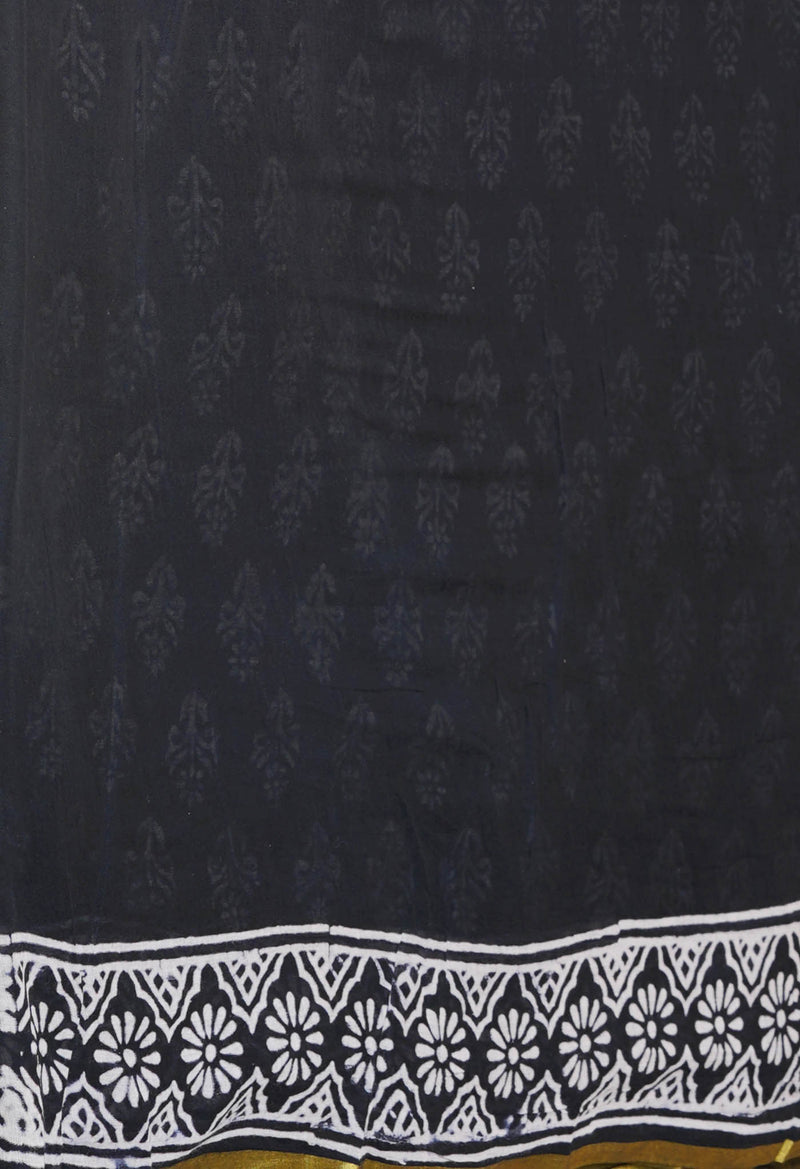 Black Pure  Hand Block Printed Discharge Superfine Mulmul Cotton Saree-UNM73979