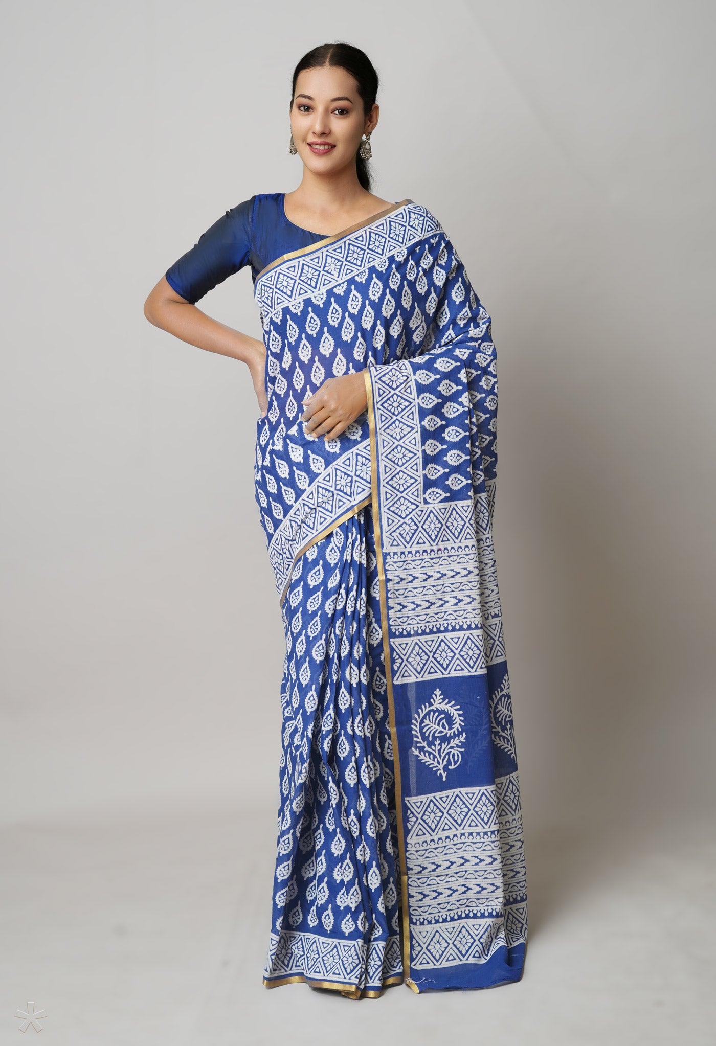 Blue Pure Hand Block Printed Soft Cotton Saree