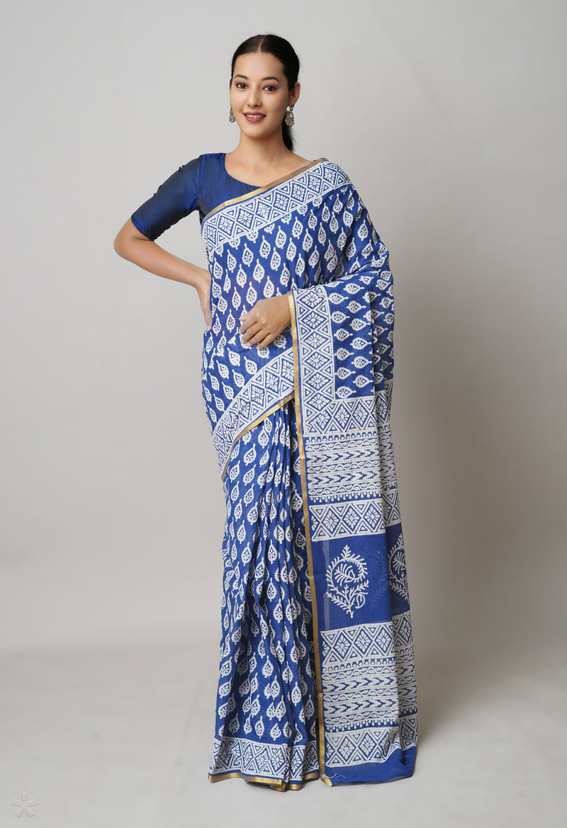 Blue Pure  Hand Block Printed Discharge Superfine Mulmul Cotton Saree-UNM73982