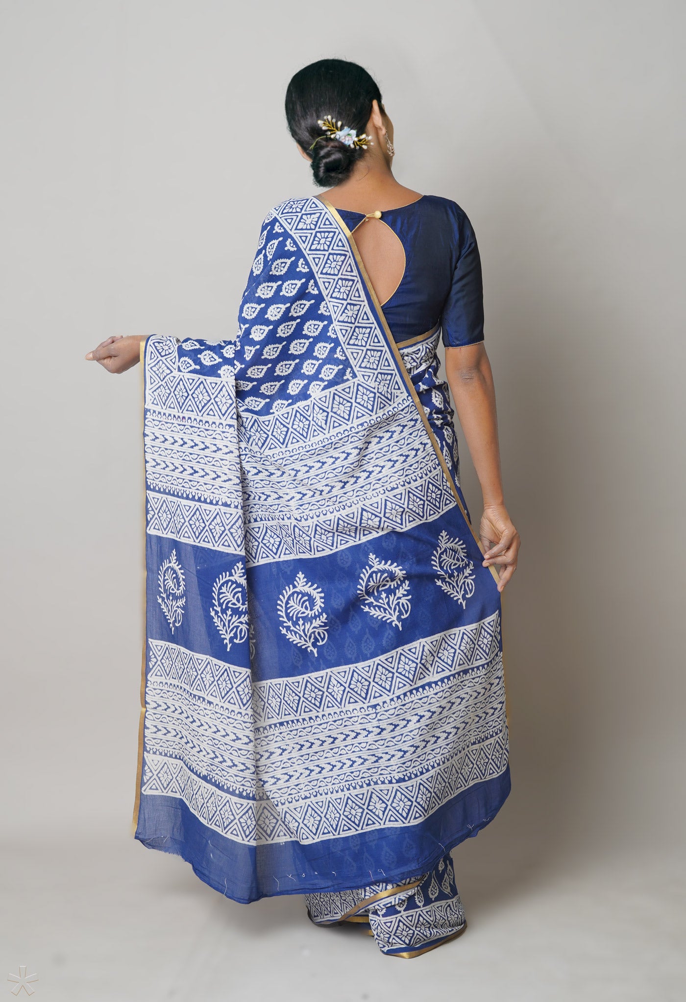 Blue Pure Hand Block Printed Soft Cotton Saree