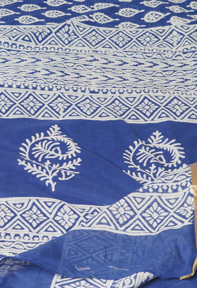Blue Pure  Hand Block Printed Discharge Superfine Mulmul Cotton Saree-UNM73982