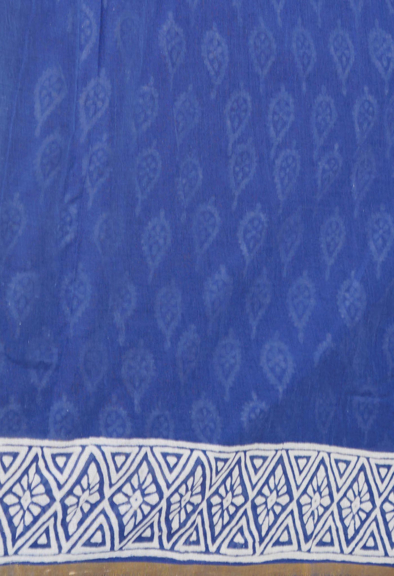 Blue Pure  Hand Block Printed Discharge Superfine Mulmul Cotton Saree-UNM73982