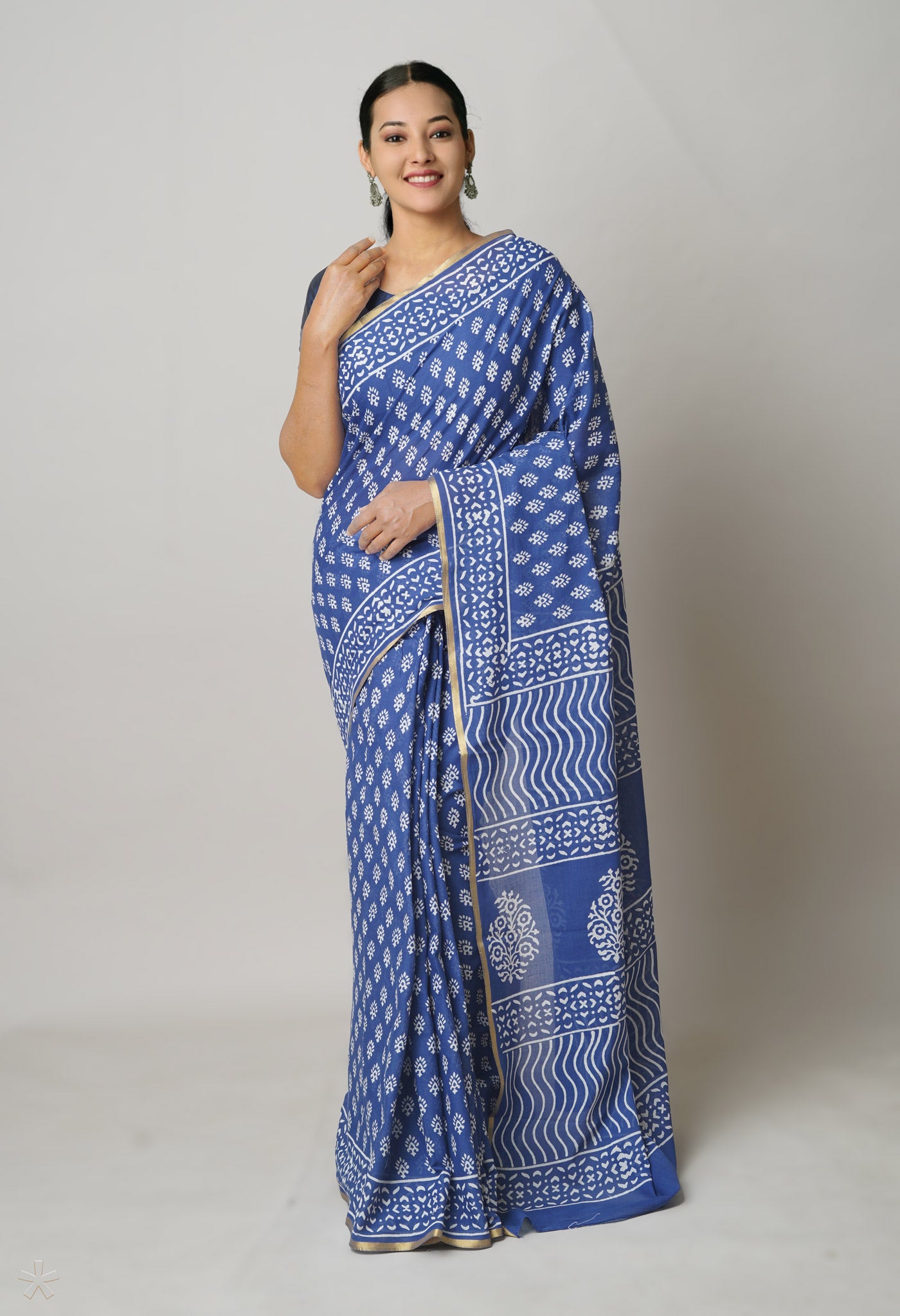 Blue Pure Hand Block Printed Soft Cotton Saree