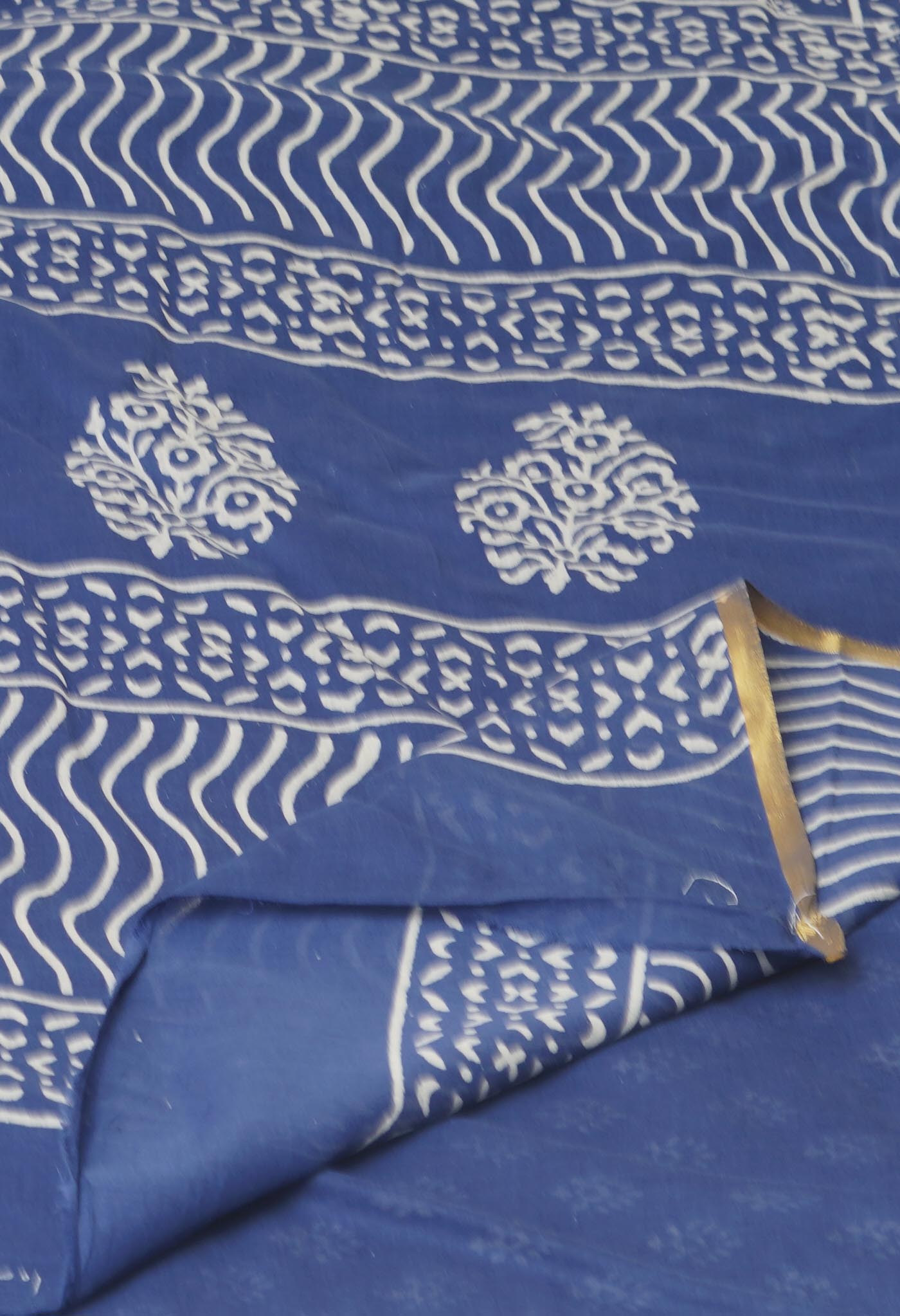 Blue Pure Hand Block Printed Soft Cotton Saree