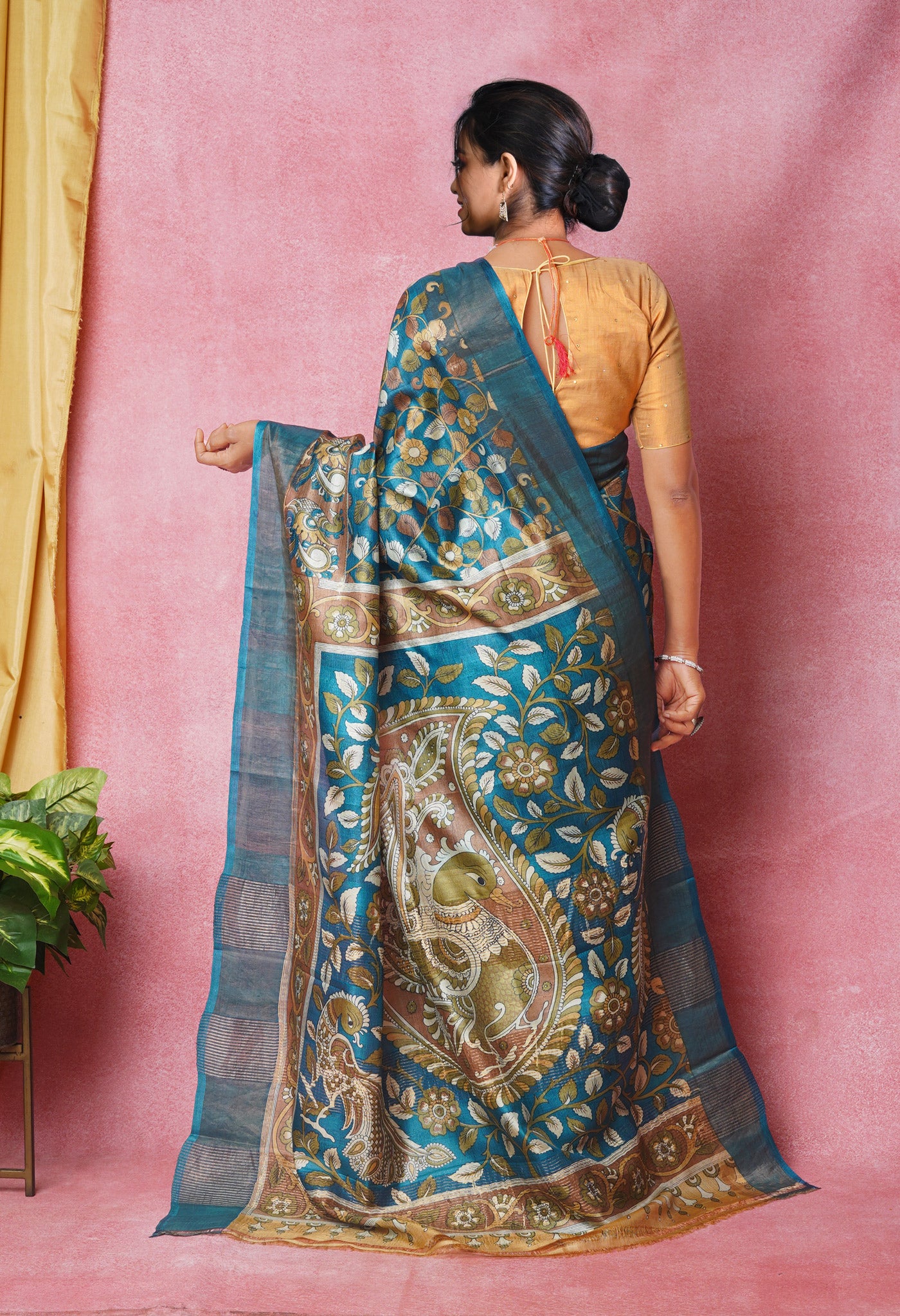 Peacock GreenBrown Pure Handloom Designer Printed Bengal Tussar Silk Saree-UNM74047