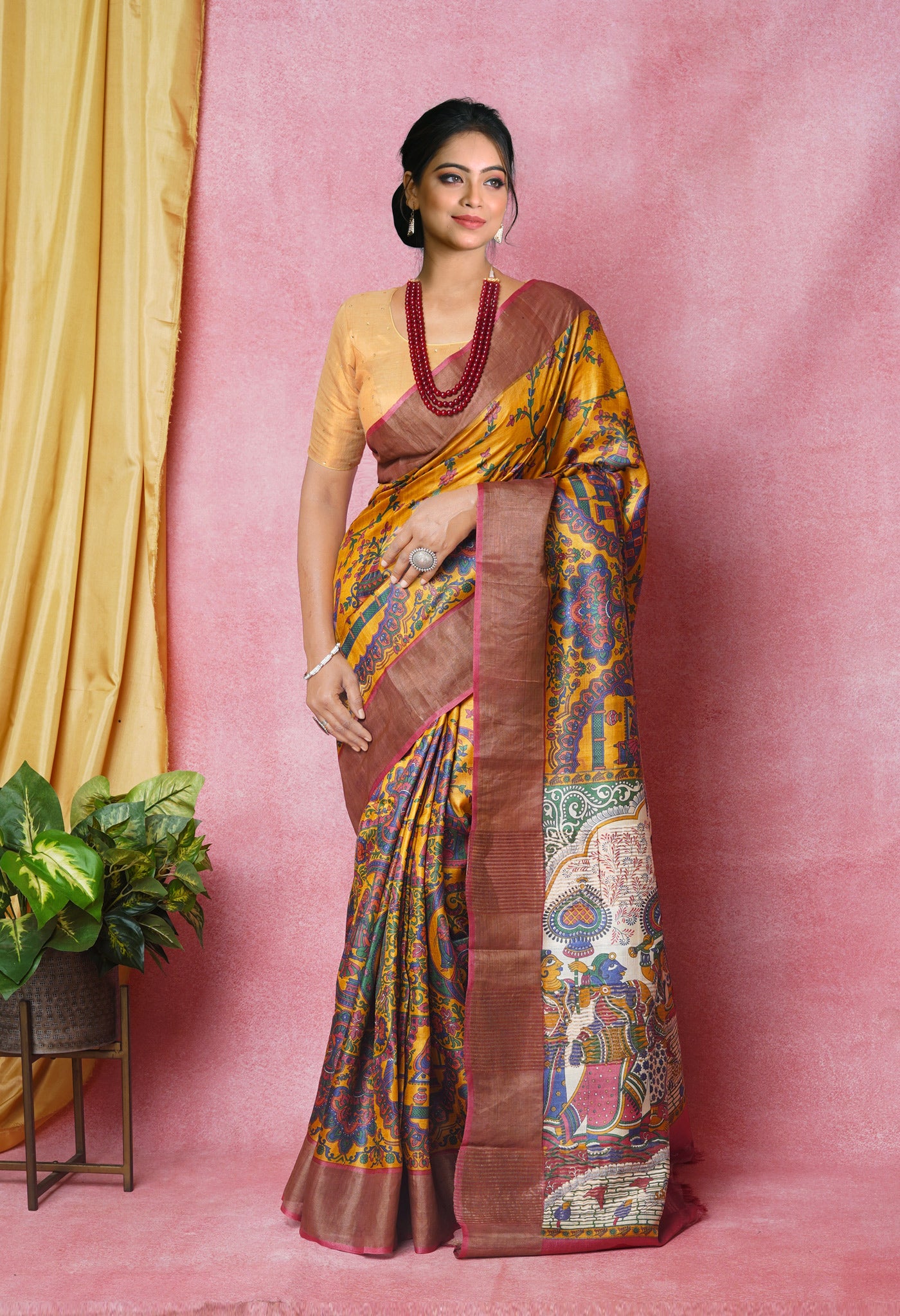 Mustard Yellow Pure Handloom Designer Printed Bengal Tussar Silk Saree-UNM74048