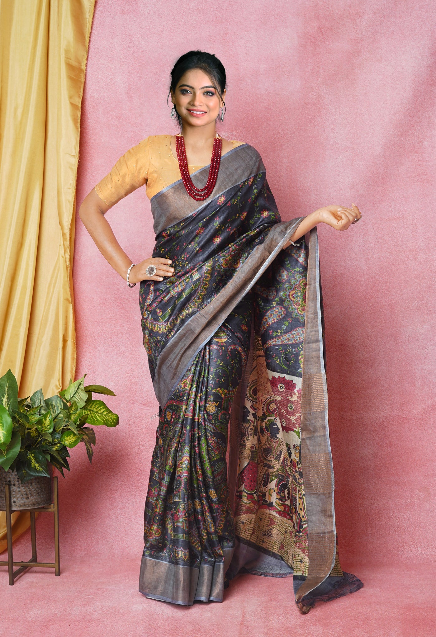 Black Pure Handloom Designer Printed Bengal Tussar Silk Saree-UNM74049