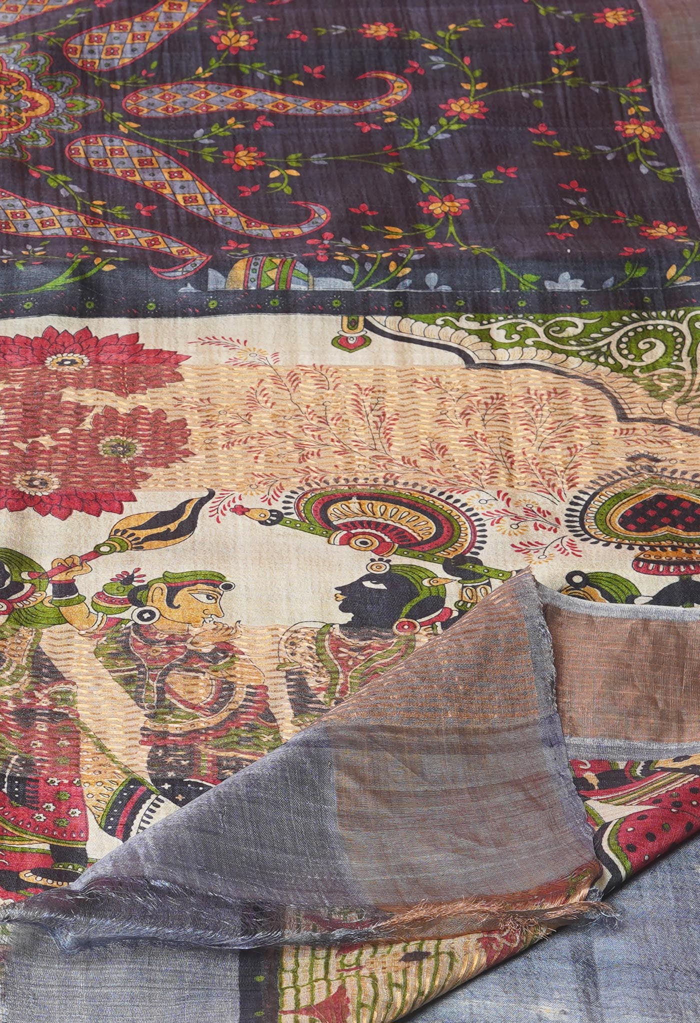 Black Pure Handloom Designer Printed Bengal Tussar Silk Saree-UNM74049