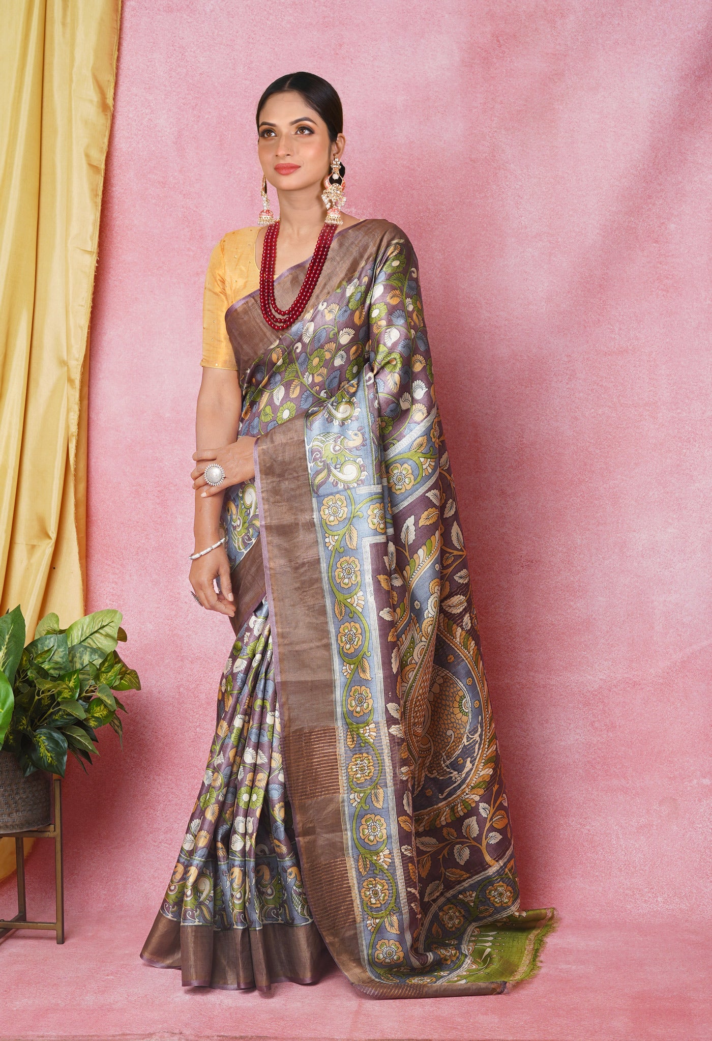 Pale Purple-Grey Pure Handloom Designer Printed Bengal Tussar Silk Saree-UNM74052