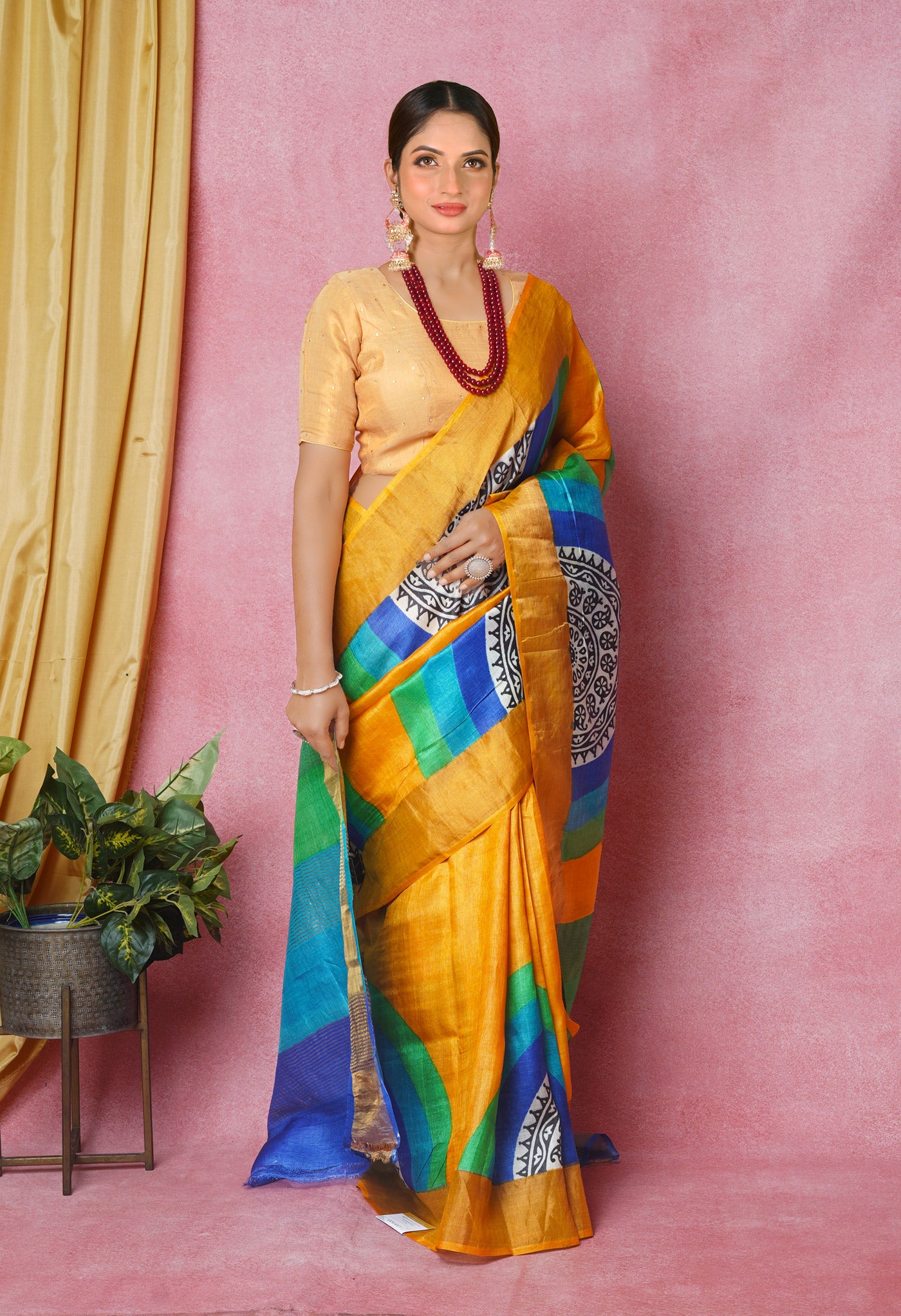 Mustard Yellow Pure Handloom Designer Printed Bengal Tussar Silk Saree-UNM74053
