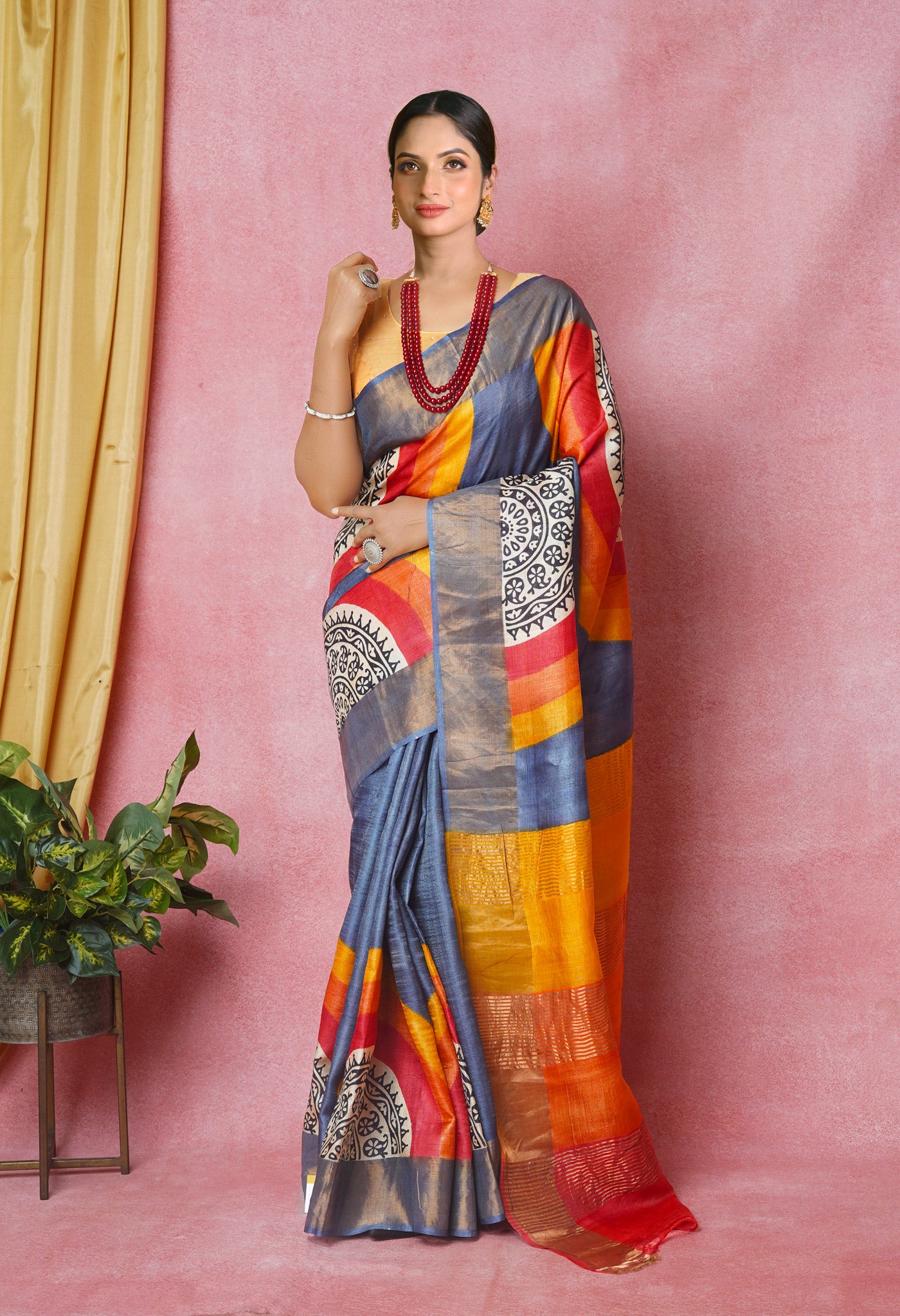 Pewter Grey Pure Handloom Designer Printed Bengal Tussar Silk Saree-UNM74056