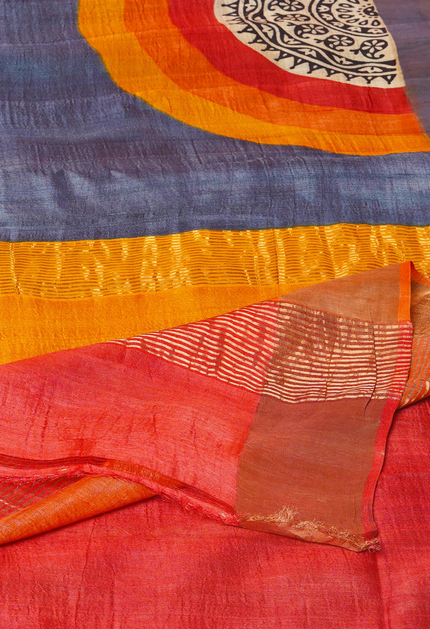 Pewter Grey Pure Handloom Designer Printed Bengal Tussar Silk Saree-UNM74056