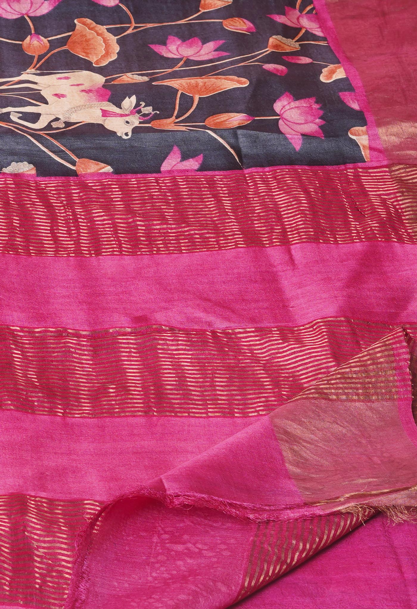 Black Pure Handloom Designer Printed Bengal Tussar Silk Saree-UNM74057