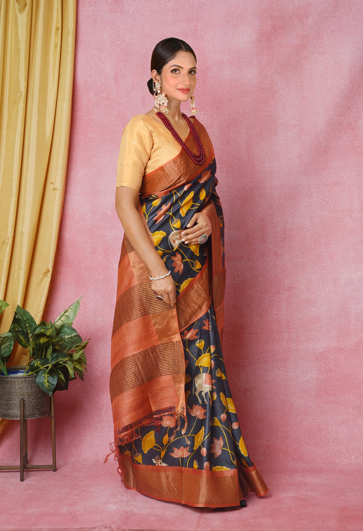 BlackBronze Orange Pure Handloom Designer Printed Bengal Tussar Silk Saree-UNM74058