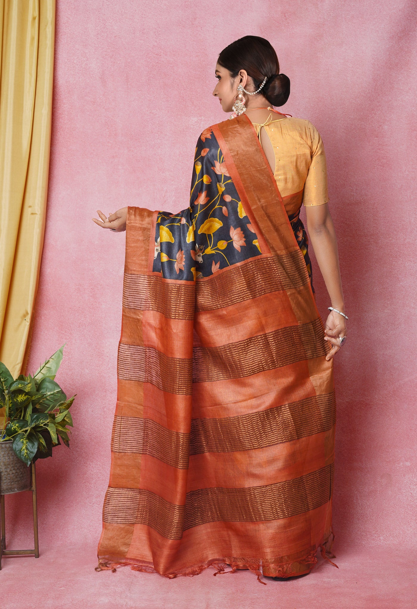 BlackBronze Orange Pure Handloom Designer Printed Bengal Tussar Silk Saree-UNM74058