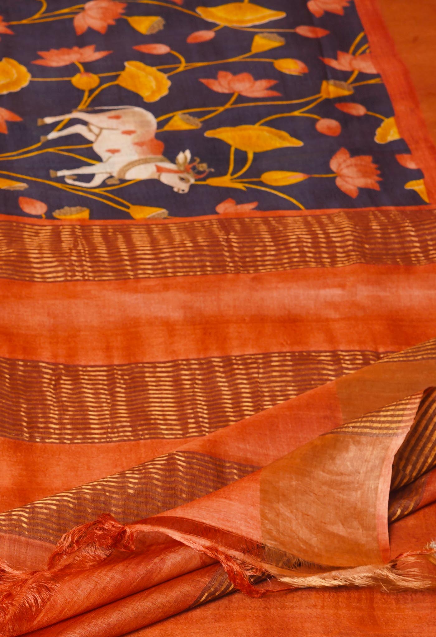 BlackBronze Orange Pure Handloom Designer Printed Bengal Tussar Silk Saree-UNM74058
