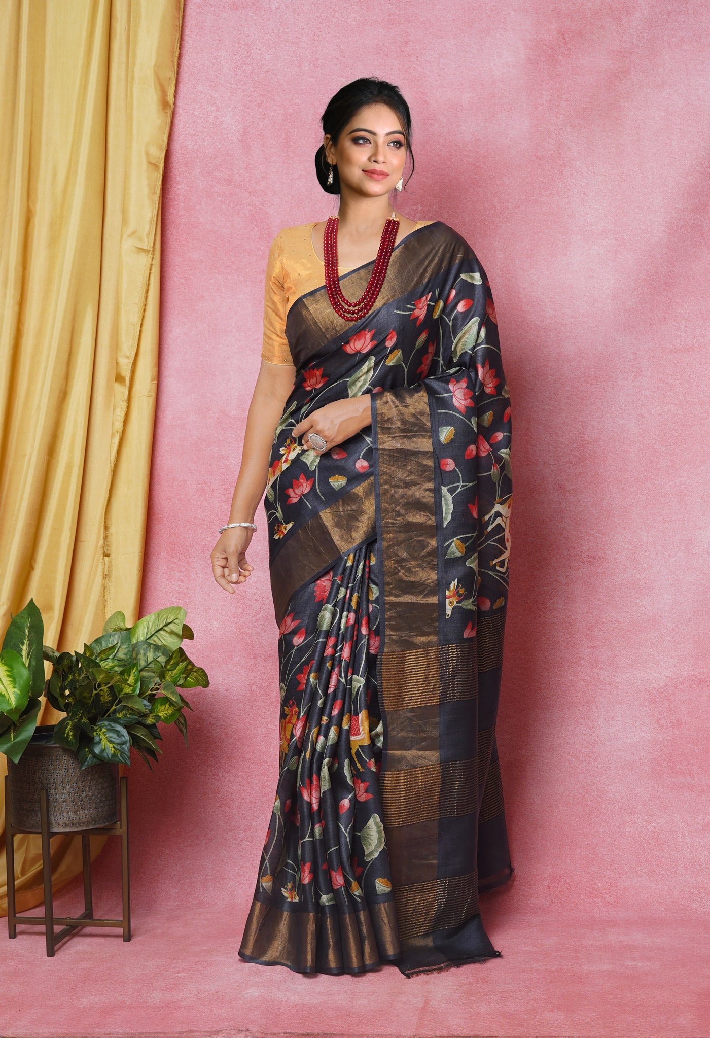 Black Pure Handloom Designer Printed Bengal Tussar Silk Saree-UNM74064