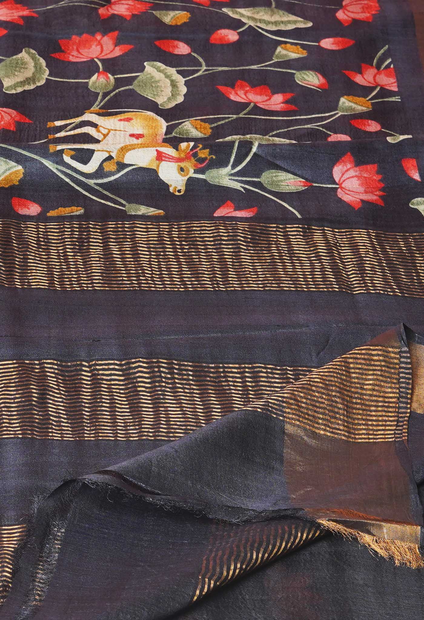 Black Pure Handloom Designer Printed Bengal Tussar Silk Saree-UNM74064