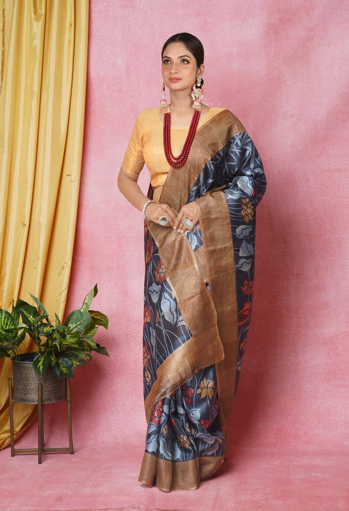 Black Pure Handloom Designer Printed Bengal Tussar Silk Saree-UNM74071