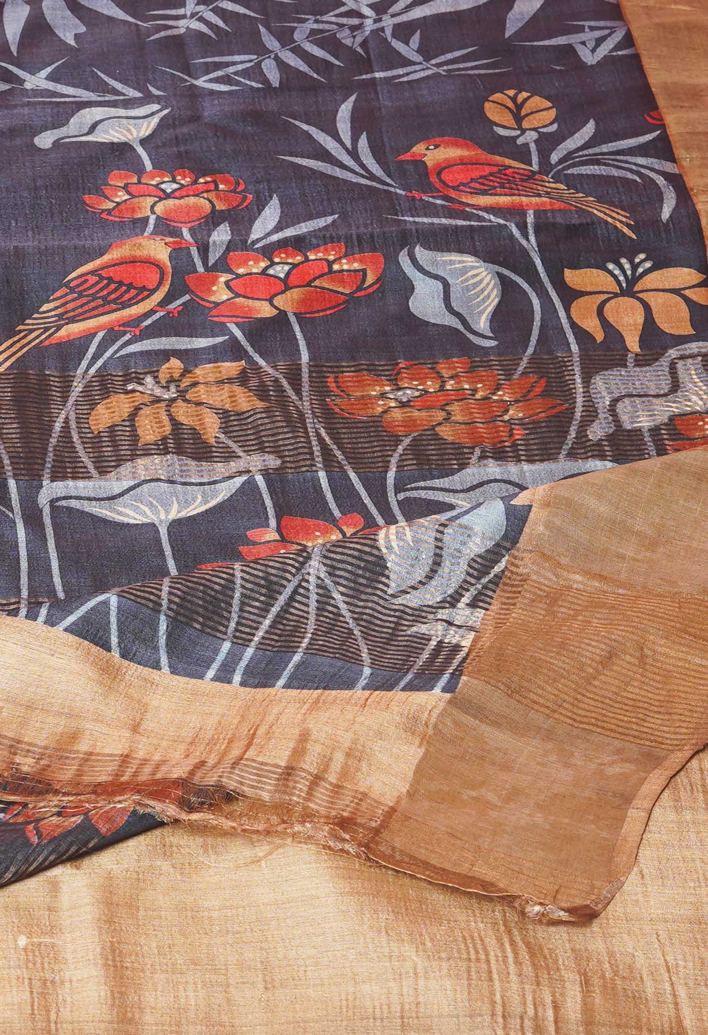 Black Pure Handloom Designer Printed Bengal Tussar Silk Saree-UNM74071