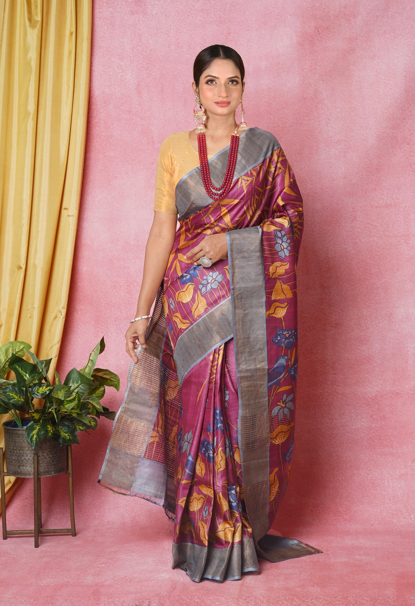Burgundy Pure Handloom Designer Printed Bengal Tussar Silk Saree-UNM74073