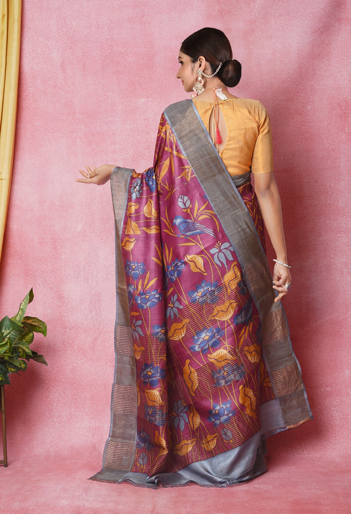 Burgundy Pure Handloom Designer Printed Bengal Tussar Silk Saree-UNM74073