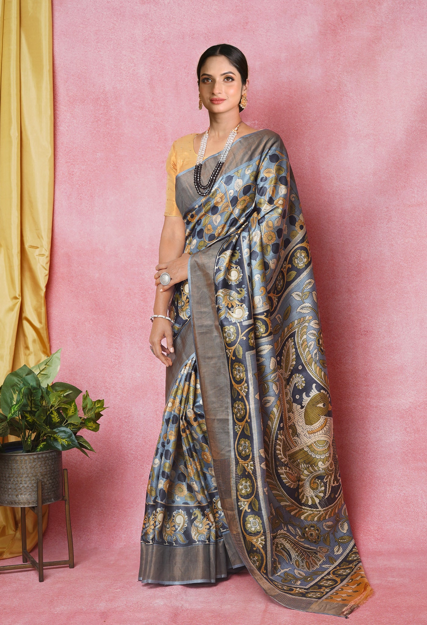 Bluish Grey Pure Handloom Designer Printed Bengal Tussar Silk Saree-UNM74074