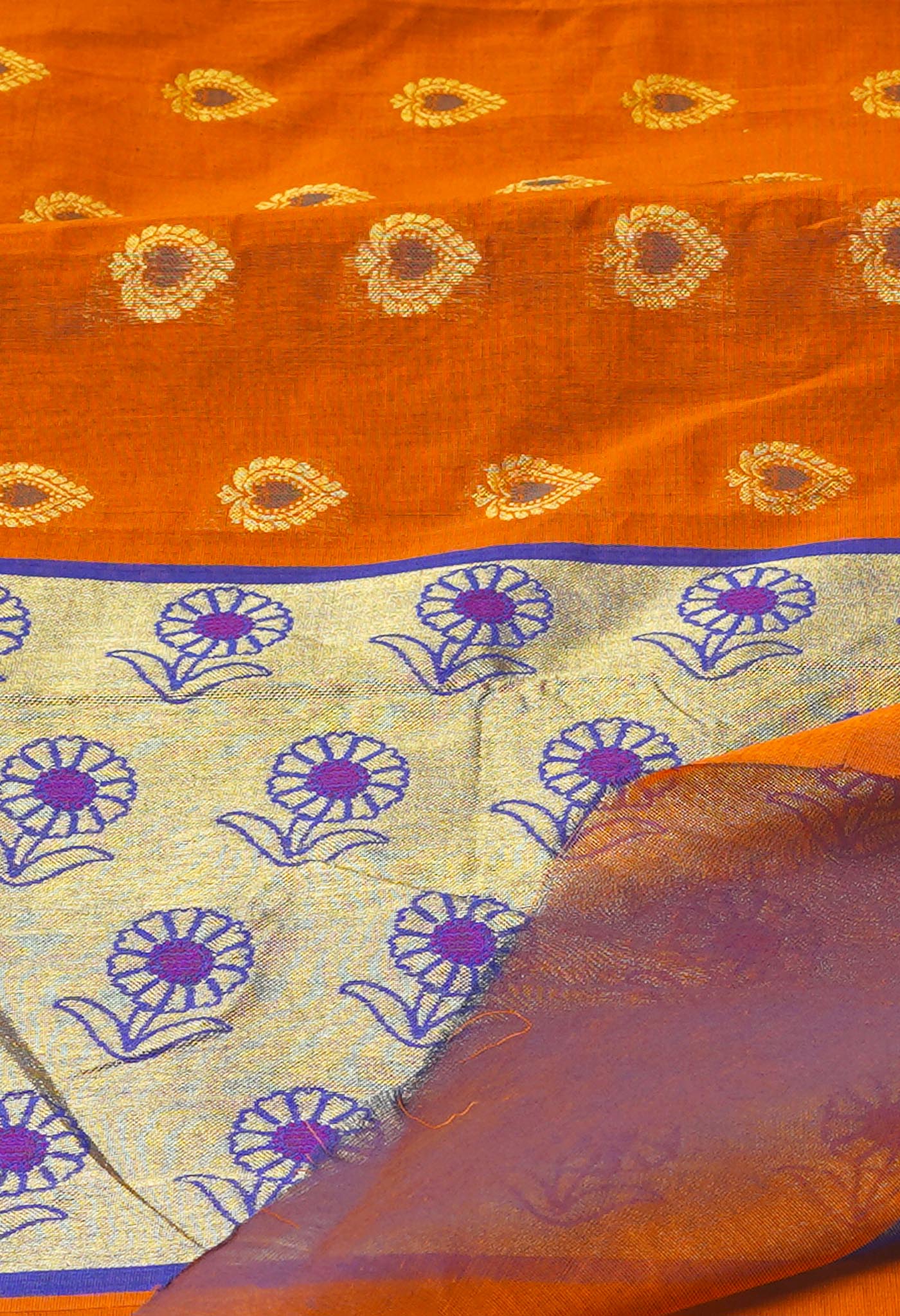 Orange Pure Handloom Meena Mercerized Gadwal Cotton Saree