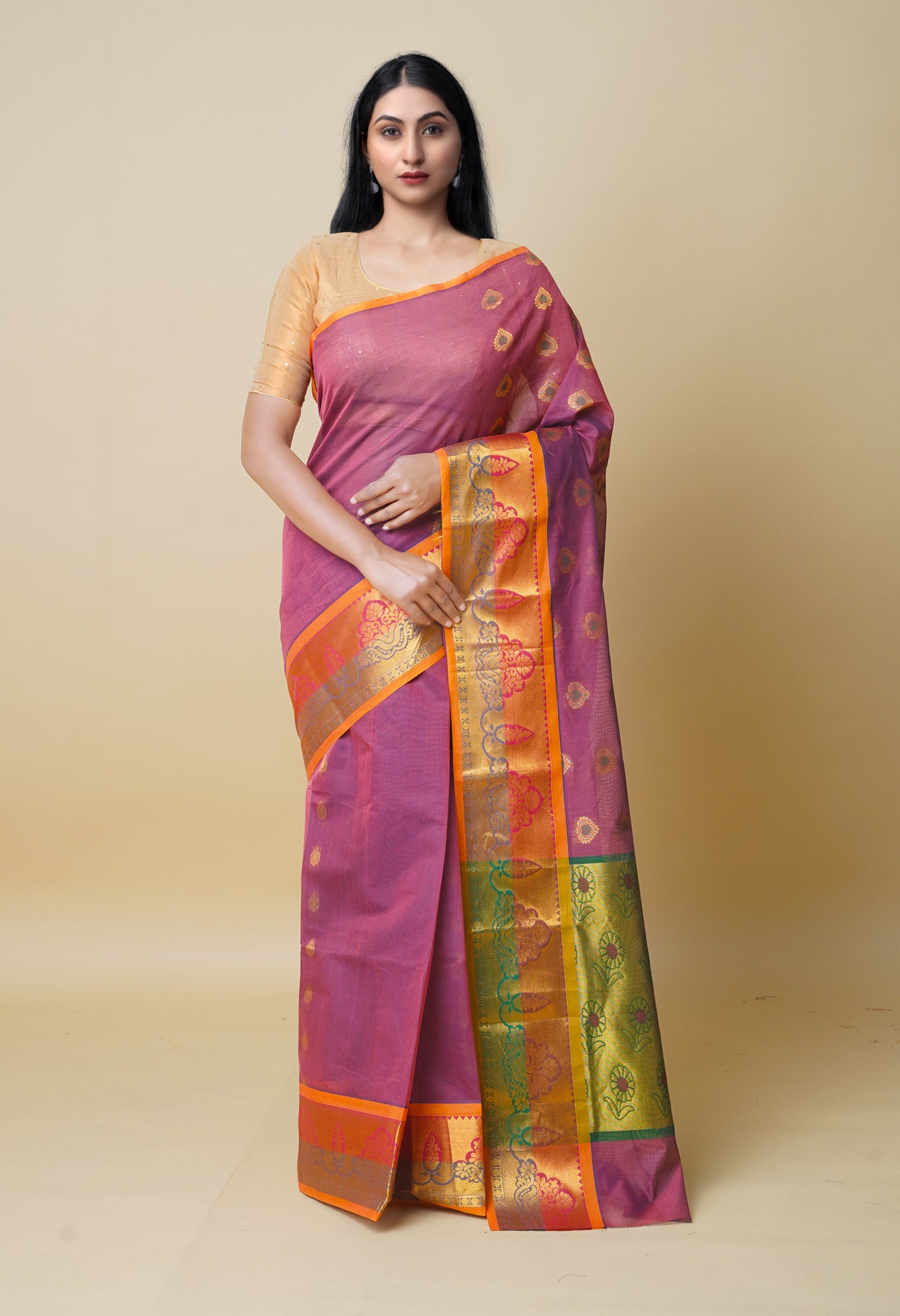 Mauve Pink Pure Handloom Meena Mercerized Gadwal Cotton Saree-UNM74107