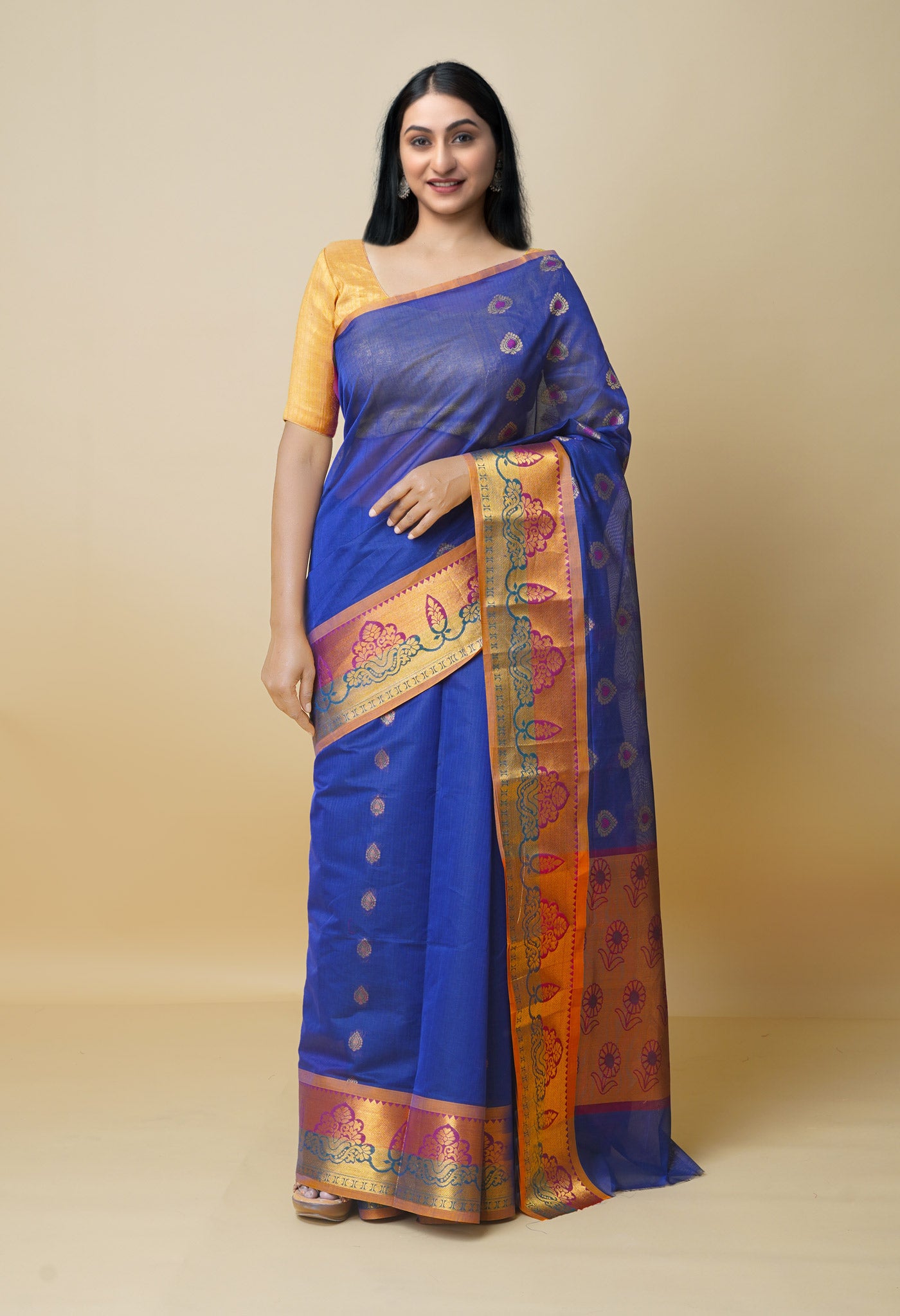 Navy Blue Pure Handloom Meena Mercerized Gadwal Cotton Saree