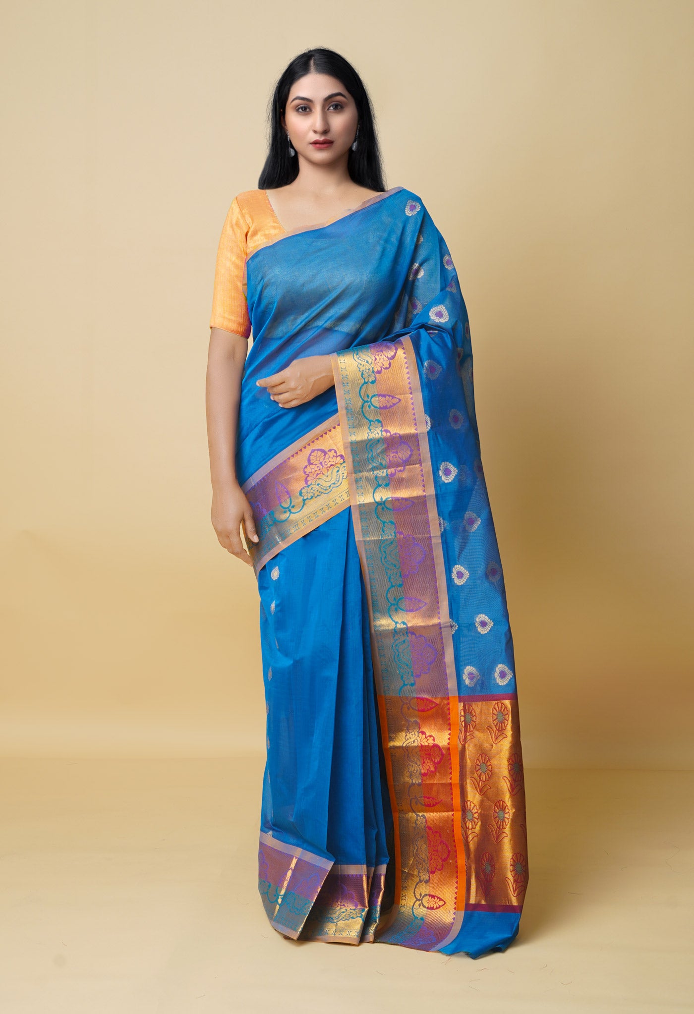 Blue Pure Handloom Meena Mercerized Gadwal Cotton Saree