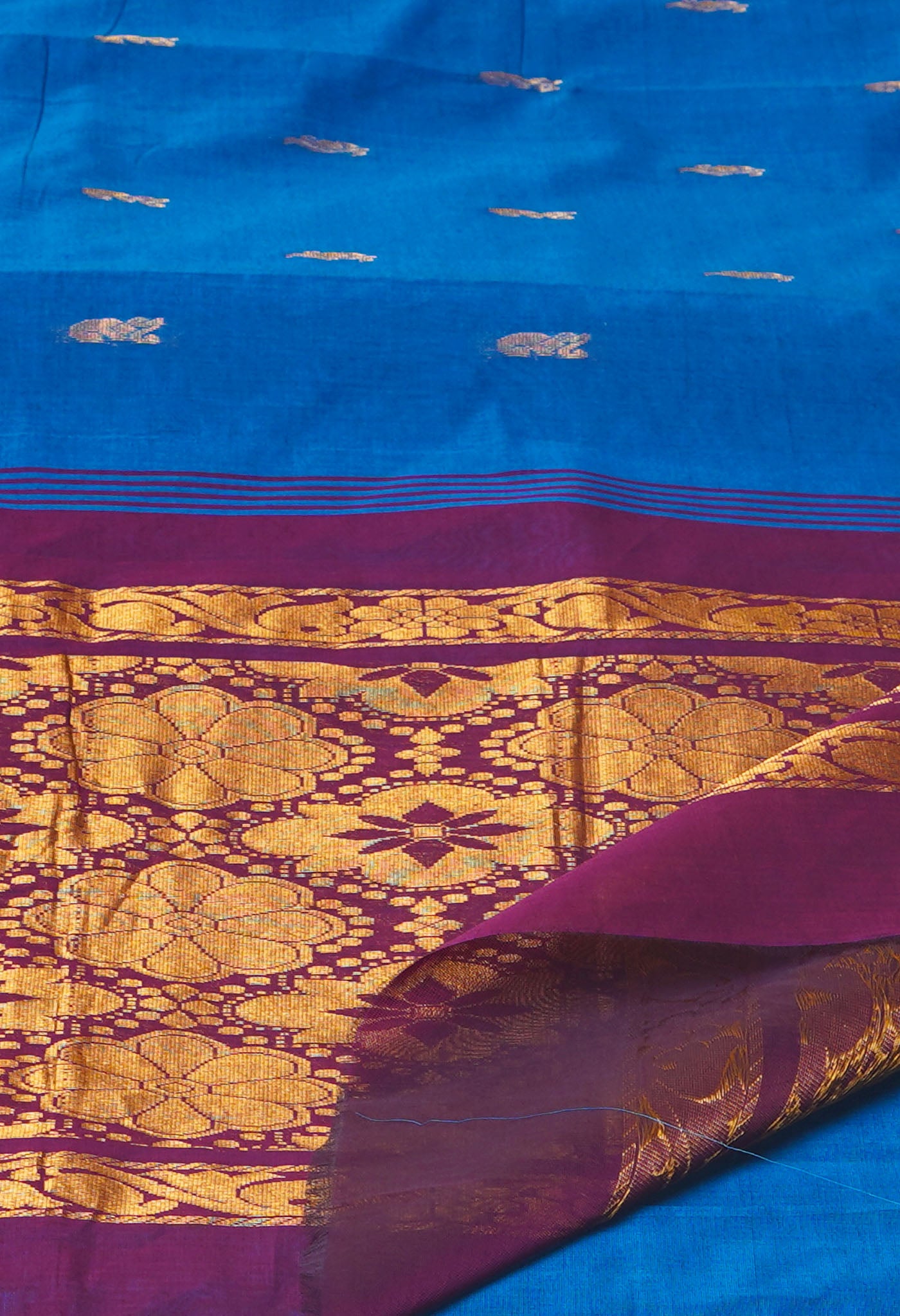 Blue Pure Handloom Mercerized Gadwal  Cotton Saree-UNM74135