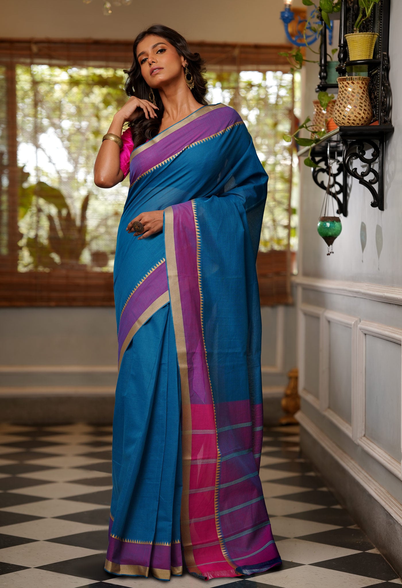 Peacock Blue Pure Mangalgiri Cotton Saree