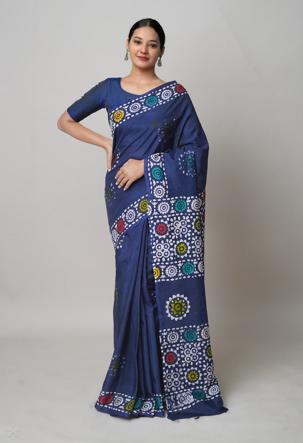 Navy Blue Pure  Hand Block Wax Batik Printed Soft Silk Saree-UNM74182