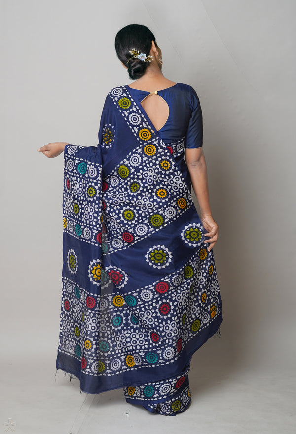 Navy Blue Pure  Hand Block Wax Batik Printed Soft Silk Saree-UNM74182