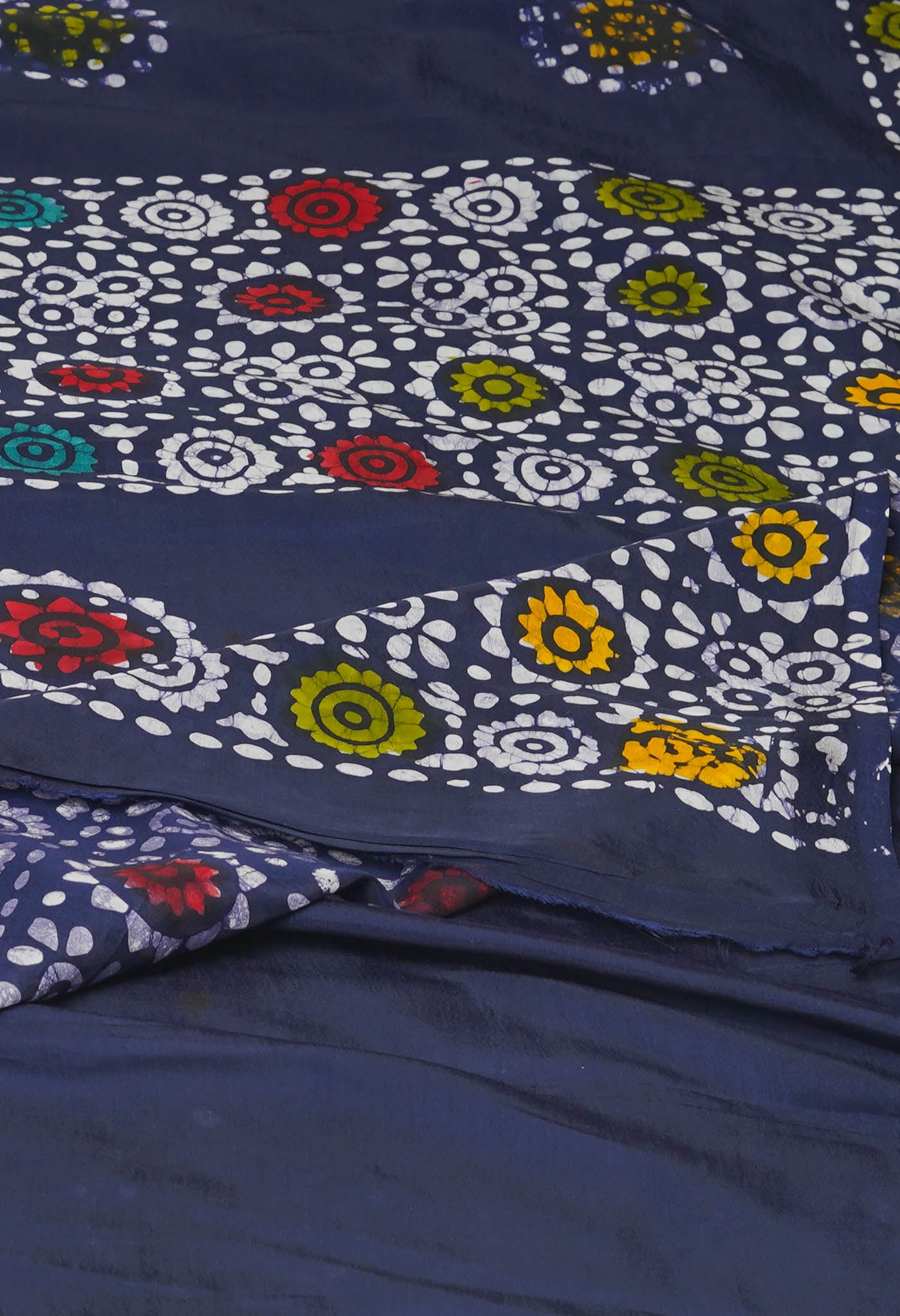 Navy Blue Pure Hand Block Wax Batik Printed Soft Silk Saree