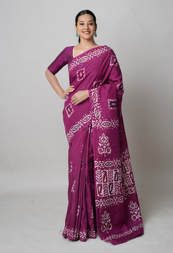 Wine Red Pure  Hand Block Wax Batik Printed Soft Silk Saree-UNM74183