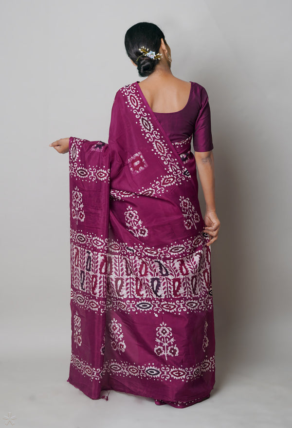 Wine Red Pure  Hand Block Wax Batik Printed Soft Silk Saree-UNM74183