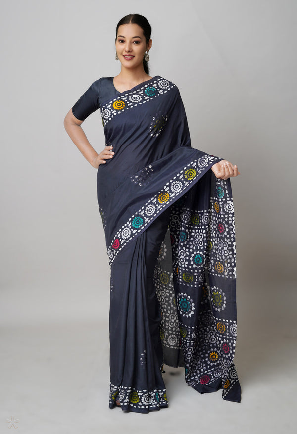 Black Pure  Hand Block Wax Batik Printed Soft Silk Saree-UNM74184