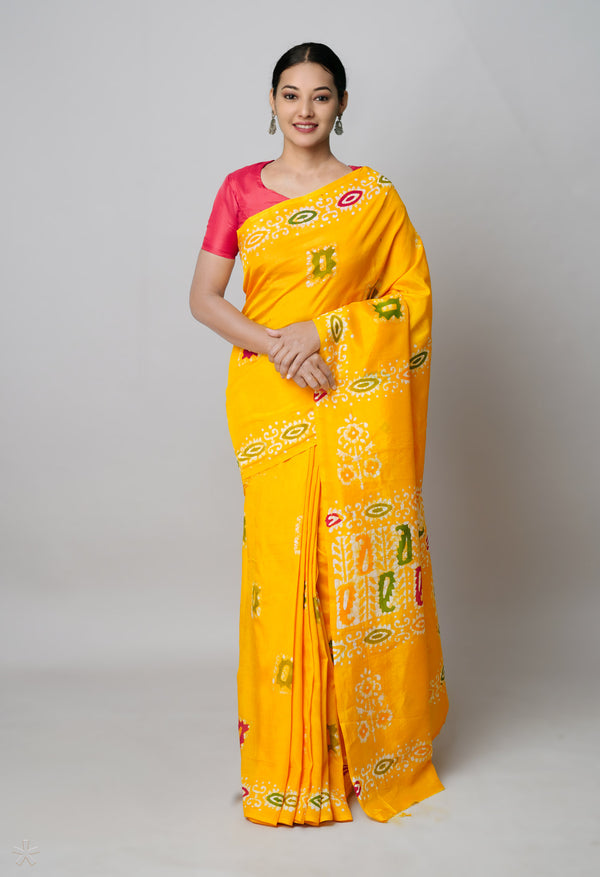 Yellow Pure  Hand Block Wax Batik Printed Soft Silk Saree-UNM74185