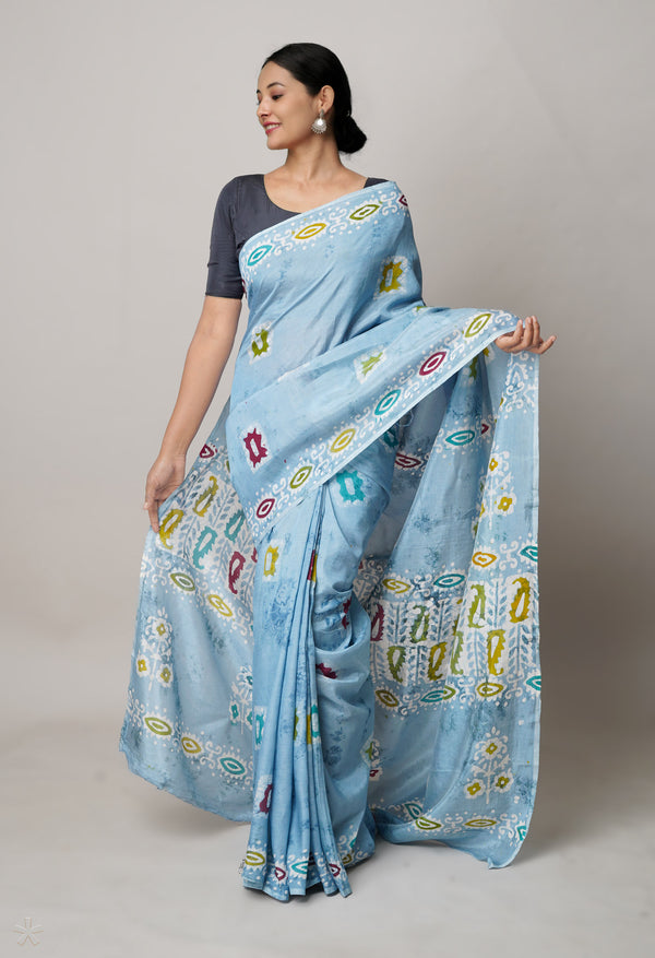Bluish Grey Pure  Hand Block Wax Batik Printed Soft Silk Saree-UNM74186