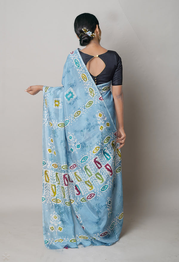 Bluish Grey Pure  Hand Block Wax Batik Printed Soft Silk Saree-UNM74186