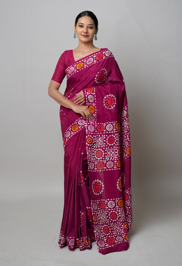 Maroon Pure  Hand Block Wax Batik Printed Soft Silk Saree-UNM74187